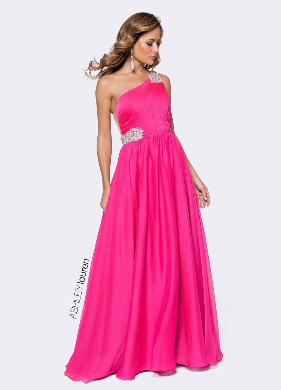 ASHLEYLAUREN Hot Pink Pleated Crystal Pearl Beaded One Shoulder Gown Size 8